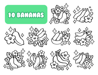 Set of Bananas illustration, harvest Bananas with leaves isolated on white background, fresh fruit