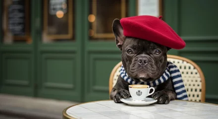 A French bulldog in a red beret enjoys coffee at a cafe, looking charming and stylish.