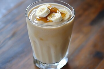 Delicious Banana Smoothie with Caramel Drizzle in Glass Close Up on Wooden Table Healthy Drink Recipe