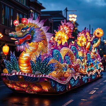 Vibrant parade float with colorful dragon and floral decorations moving past traditional architecture during a celebration. Generative by AI.