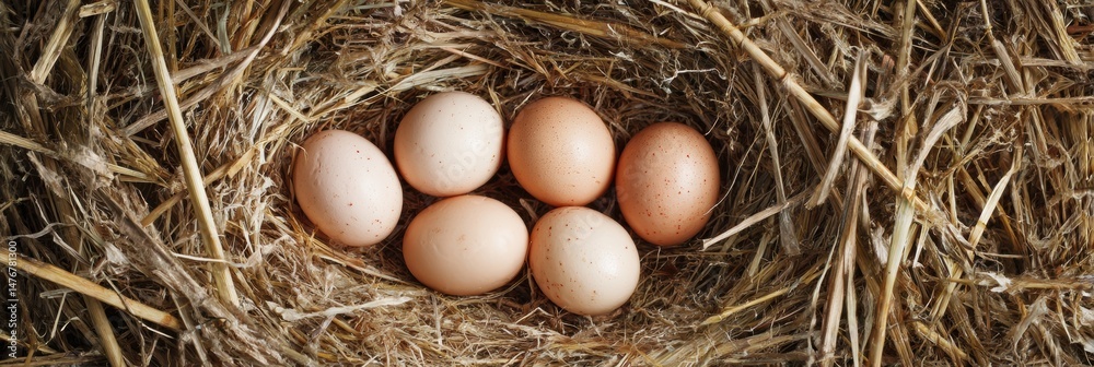 Poster fresh eggs nestled in straw nest create a natural farm setting perfect for cooking inspiration