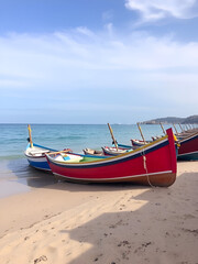 Naklejka premium Fishing colorful boats on sandy beach, Scilla, Calabria, Italy