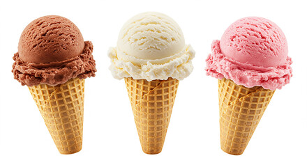 Three ice cream cones with chocolate, vanilla, and strawberry flavors isolated on white background. Sweet summer treat for dessert or snack.