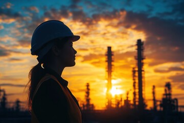 Fototapeta premium Silhouette of female engineer looks at industrial plant at sunset; side view of woman in hard hat and safety vest