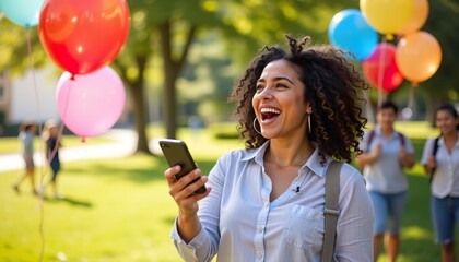 Fototapeta premium Joyful Woman Laughing and Holding Smartphone Surrounded by Colorful Balloons in Outdoor Setting