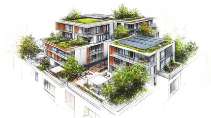 Urban Rooftop Agro-Integration Concept: Technical Drawing with Solar Panels and Green Roof Systems for Sustainable Architecture Proposals