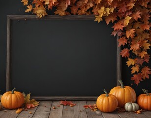 Dark wood chalkboard with small and large pumpkins spilling over the edges, fall leaves scattered  ,  pumpkins,  image,  graphic