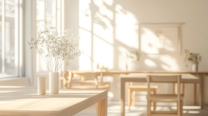 Scandinavian office interior with light wood furniture and soft natural lighting