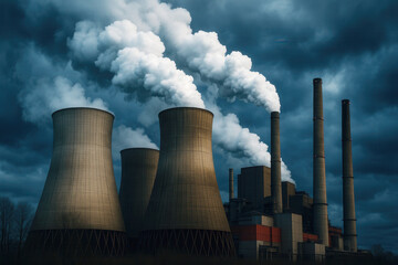 Large cooling towers and chimneys emit smoke against a dramatic cloudy sky at an industrial power plant complex.