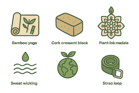 Yoga‑eco icons showing mat, block, mandala, badge, ripple, loop