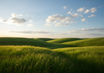 Obraz premium Rolling green hills under sunrise sky