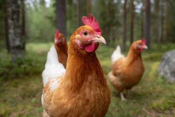 Fototapeta premium Rustic Forest Hens: A Serene Poultry Portrait