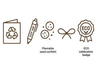 Holiday‑eco icons linking card, pen, confetti, bow, badge