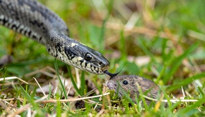 Fototapeta premium Predatory snake flicks tongue at frightened mouse in natural habitat close up wildlife scene