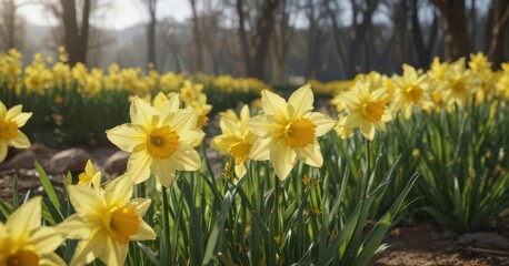 Close-up of cheerful daffodils, sunny day, bright yellow petals, bloom, macro photography, flower
