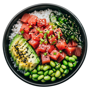 Fototapeta Poke bowl in black dish isolated