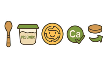 Icons representing dairy alternatives include a spoon, cup, badge, tick, and arrow