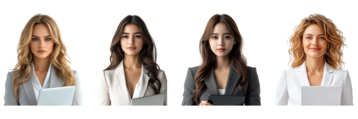 Set of a career consultant woman holding closed laptop in hands isolated  on a transparent background