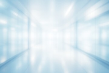 Blurred office background. Bright modern interior in business center during daylight. Abstract light blue background.