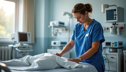 Dedicated Nurse Caring for Patient Bed in a Modern Medical Environment