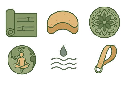 Icons representing yoga and eco themes include a mat, block, mandala, badge, ripple, and loop