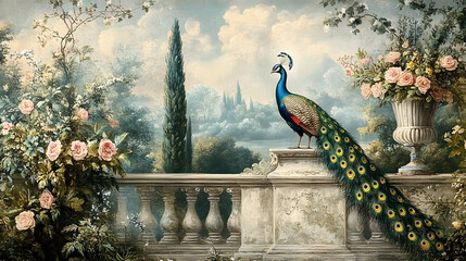 Vintage Roman mural wallpaper with garden, forest, peacock, bird, flower vase, botanical plant landscape illustration