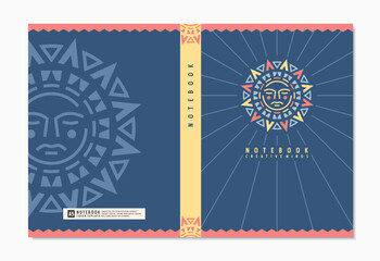 Creative design template for notebook covers or brochure with sun tribal graphic. Abstract vector scrapbook cover layout illustration.