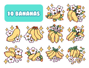 Obraz premium Set of Bananas illustration, harvest Bananas with leaves isolated on white background, fresh fruit