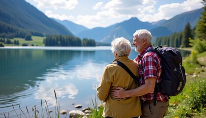 Fototapeta premium Joyful Senior Couple Enjoying Nature by the Serene Lake with Mountain Views on a Beautiful Day