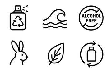 Icons representing eco‑fragrance are depicted as spritz, wave, badge, bunny, leaf, and path