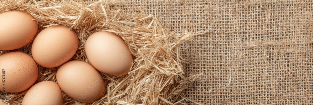 Poster fresh organic eggs displayed on a straw mat with space for text in a natural setting