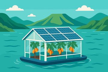 The scene features a flat agricultural technology setting with pontoons covered in photovoltaic panels, papaya trees, and walls formed by craters