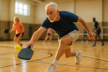Senior man playing pickleball indoors with other players in the background, showcasing active lifestyle and recreational sports.