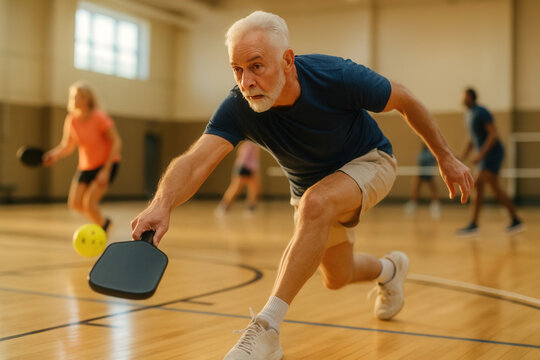 Senior man playing pickleball indoors with other players in the background, showcasing active lifestyle and recreational sports.