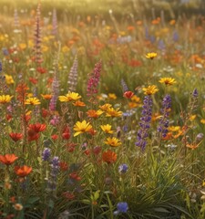 Obraz premium Close-up vibrant autumn wildflowers, sunlit meadow , sunlit, daisy