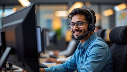 Smiling Indian Male Customer Service Agent Working in Modern Office Space with Computer and Headset