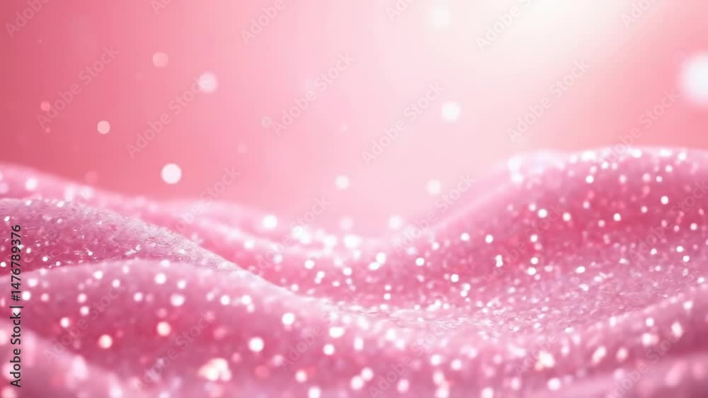 Poster waves of soft pink material gently undulate while sparkling light dances, creating a calming and enc