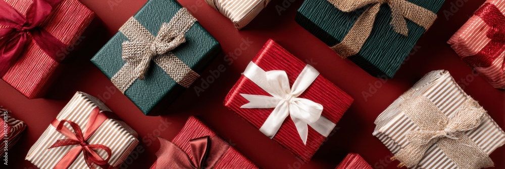 Poster colorful wrapped gifts arranged on a red background with a clear center for a festive message