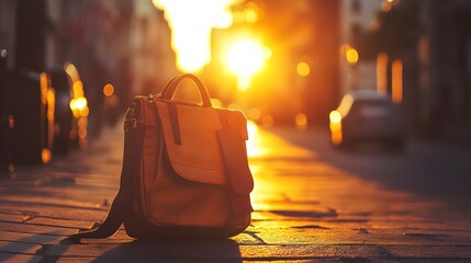 Obraz premium Crossbody bag on a city sidewalk during golden hour