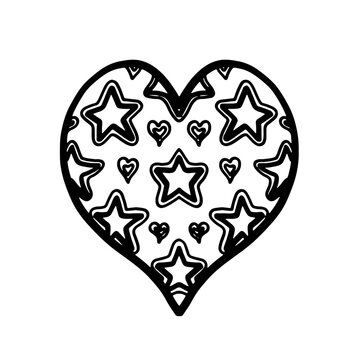 Hand drawn heart filled with atars and mini hearts line art. Sketch Style Starry Heart Graphic