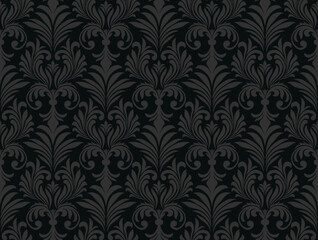 Damask Black Background Pattern. Floral Wallpaper Vintage Seamless Victorian Baroque decor. Ornate rococo textile foliage evokes antique luxury.