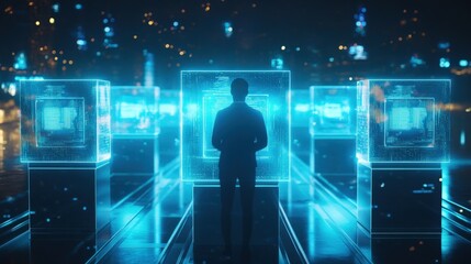 Obraz premium A person stands facing digital cubes in a futuristic cityscape.