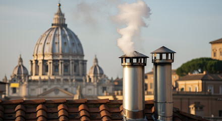 New election pope White smoke rises from the chapel chimney, indicating the successful election of a new pope during the papal conclave.