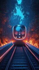Futuristic train through vibrant forest tunnel.