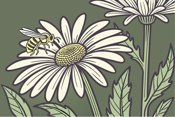 131 photorealistic, high quality, macro, vibrant, striking, detailed, sharp focus, whimsical, stylized, intricate, layered, balanced, floral, flowers, petals, leaves, botanical, daisy, honeybee, insec