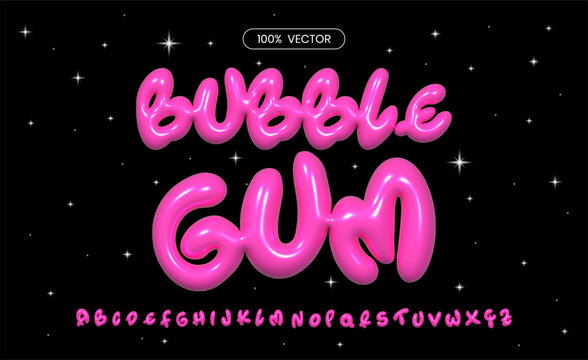 Glossy playful bubble 3D pink font in Y2K style. Inflated 3D bubble alphabet. Trendy English type. Realistic vector illustration