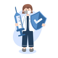Female doctor with syringe and shield, symbolizing vaccine protection and healthcare.