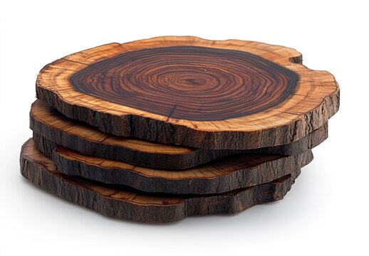 Stack of four wooden discs, crafted from tree trunks. Close-up view showcasing the natural wood grain patterns. The circular shapes create a visually appealing arrangement