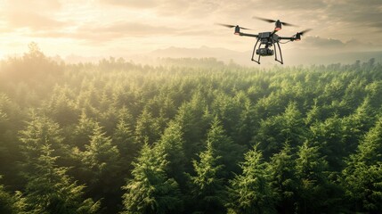 Fototapeta premium Drone flying high above a dense forest at sunrise.