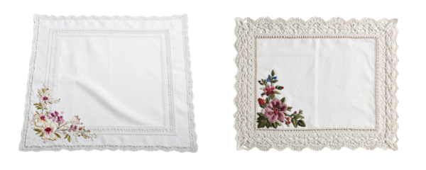 Vintage Lace Handkerchief with Floral Embroidery, Isolated on White Background PNG
